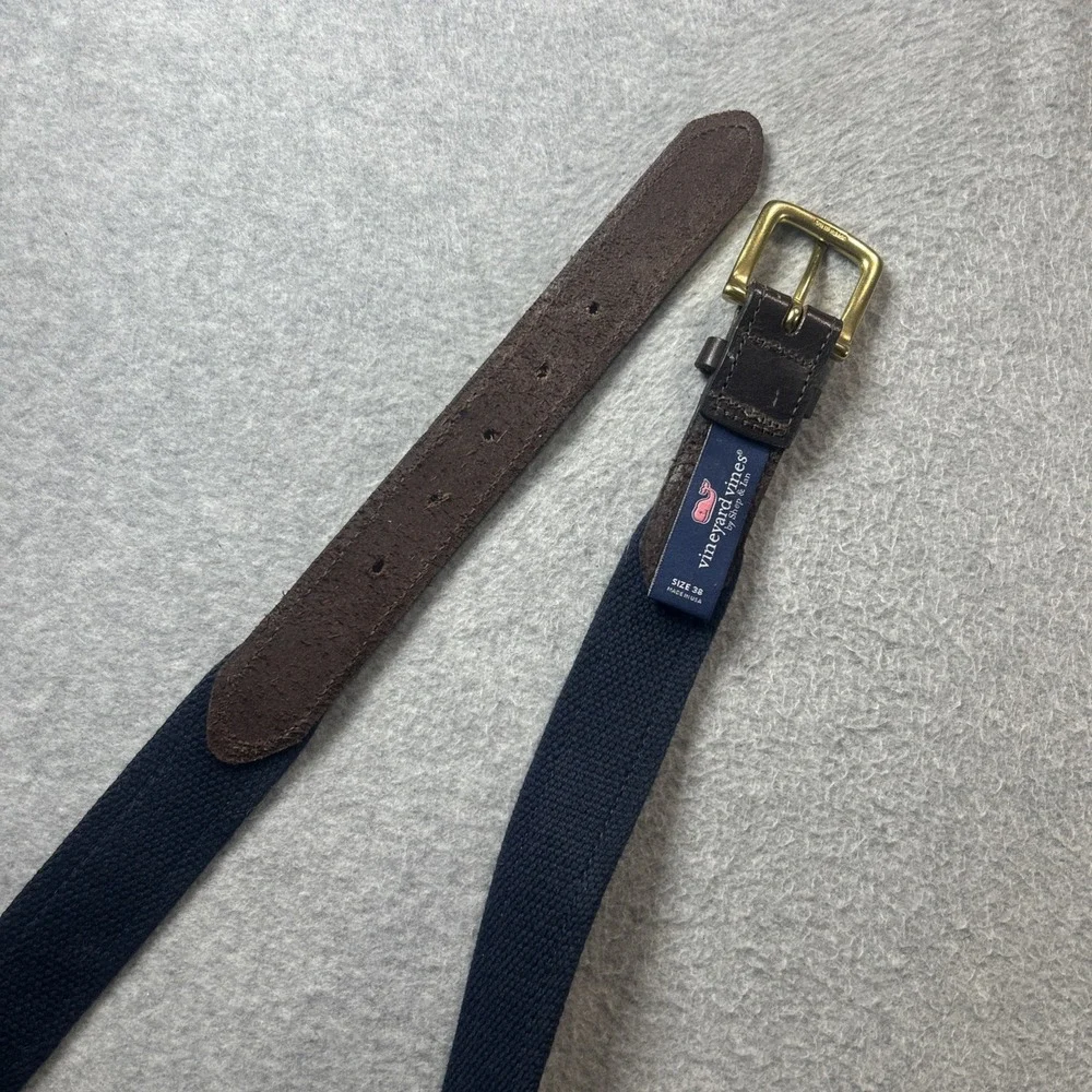 Vineyard Vines Belt Mens 38 Ribbon Canvas Navy Blue White Stripes Brass Buckle